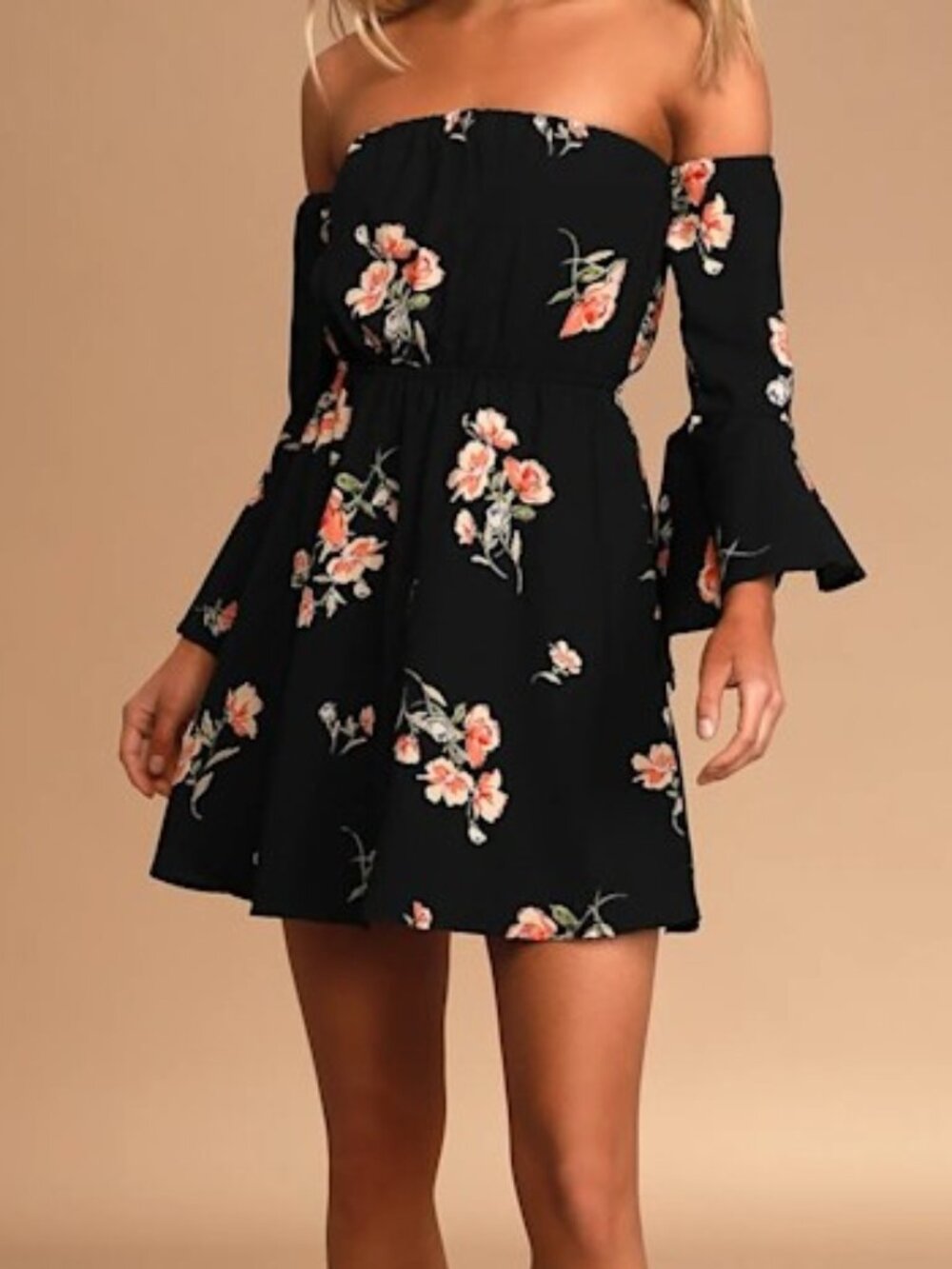 Women's Medium Lulus Lush Gardens Black Floral Print Off-The-Shoulder Mini Dress